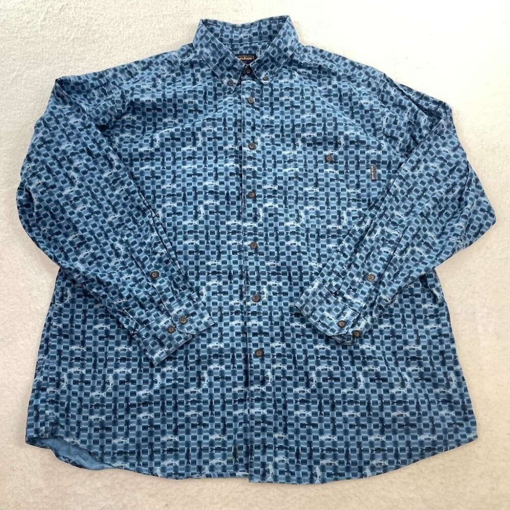 Woolrich Men's Cotton Blue Button Up Fish Checkered Plaid Long Sleeve Size 2XL